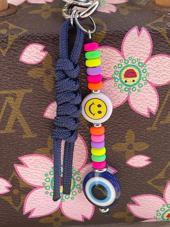 Evil Eye Smiley Face Bag Charm with Multicolor Rubber Beads