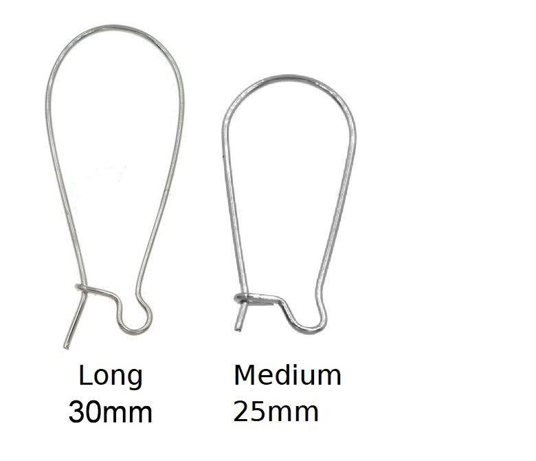 Two metal earring hooks labeled 'Long' and 'Medium' with measurements on a white background.