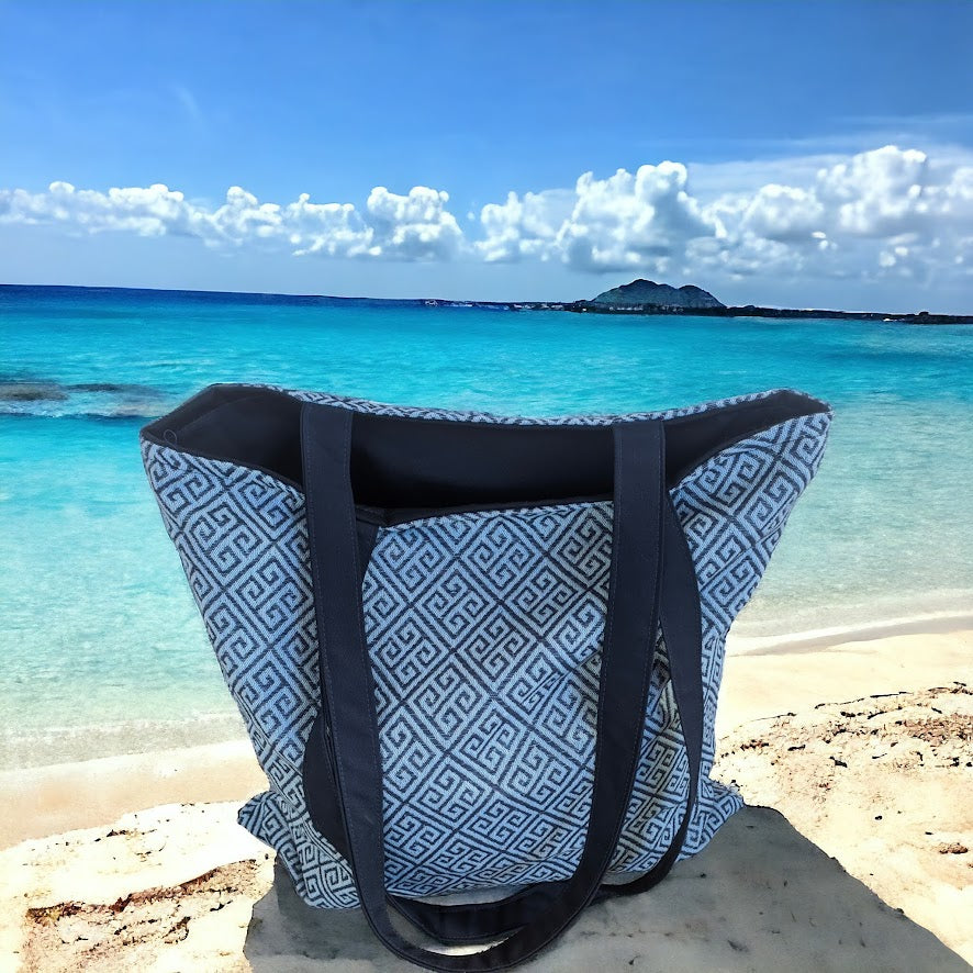 Blue Greek Key Tote Bag - Meander Fully Lined Tote Bag - Greek gift