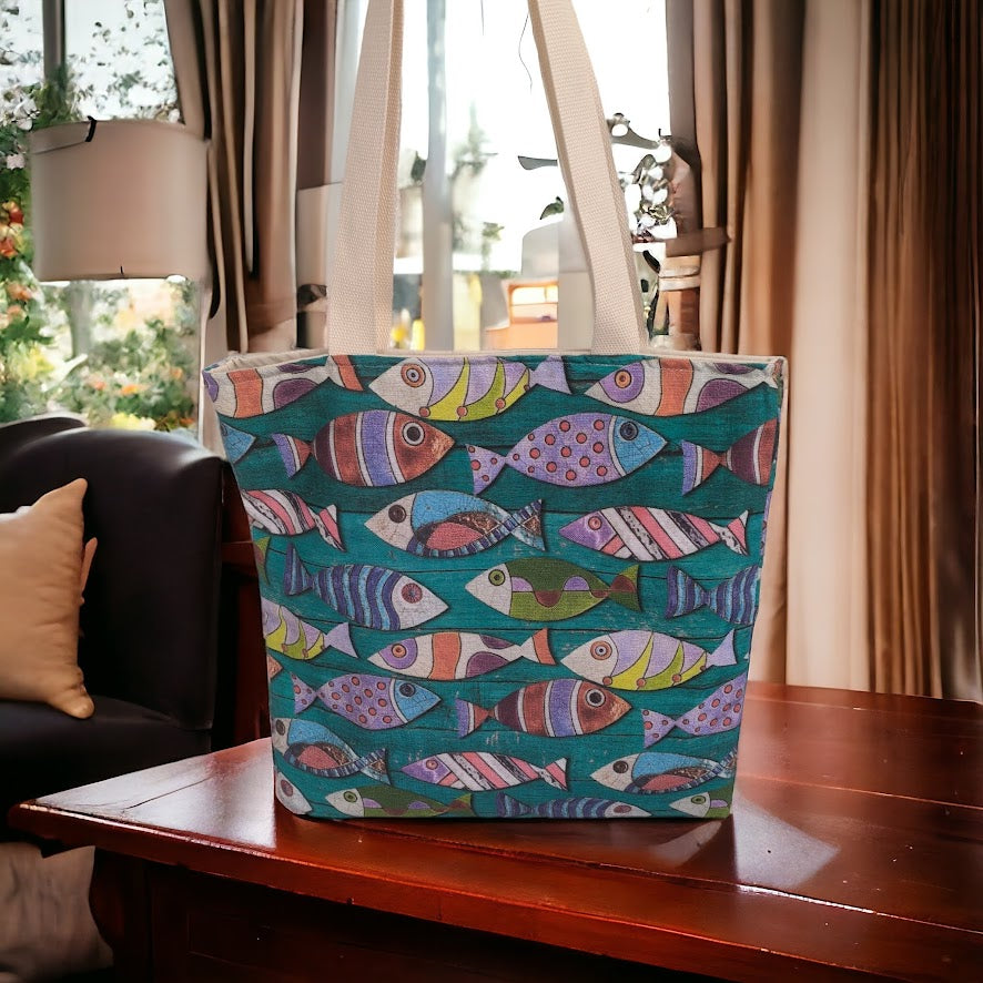 Sac fourre-tout doublé poissons turquoise - Totebag