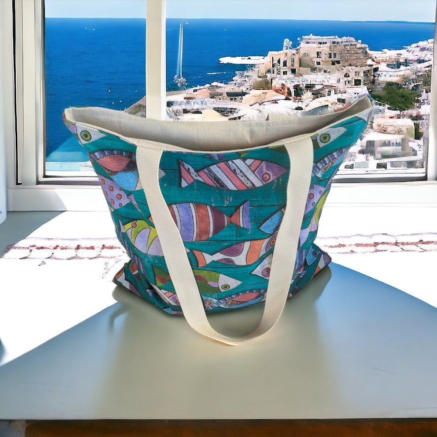 Sac fourre-tout doublé poissons turquoise - Totebag
