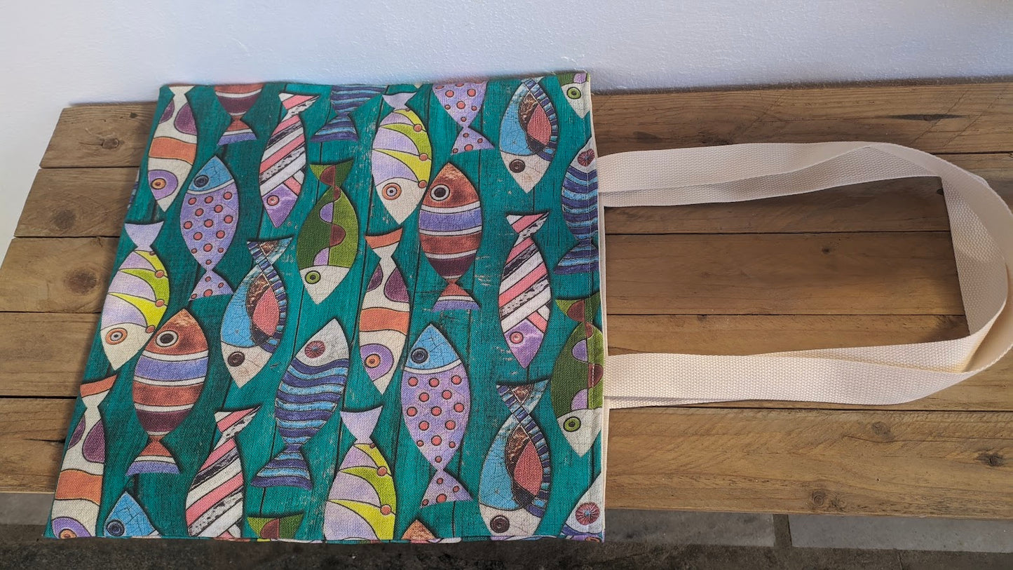 Sac fourre-tout doublé poissons turquoise - Totebag