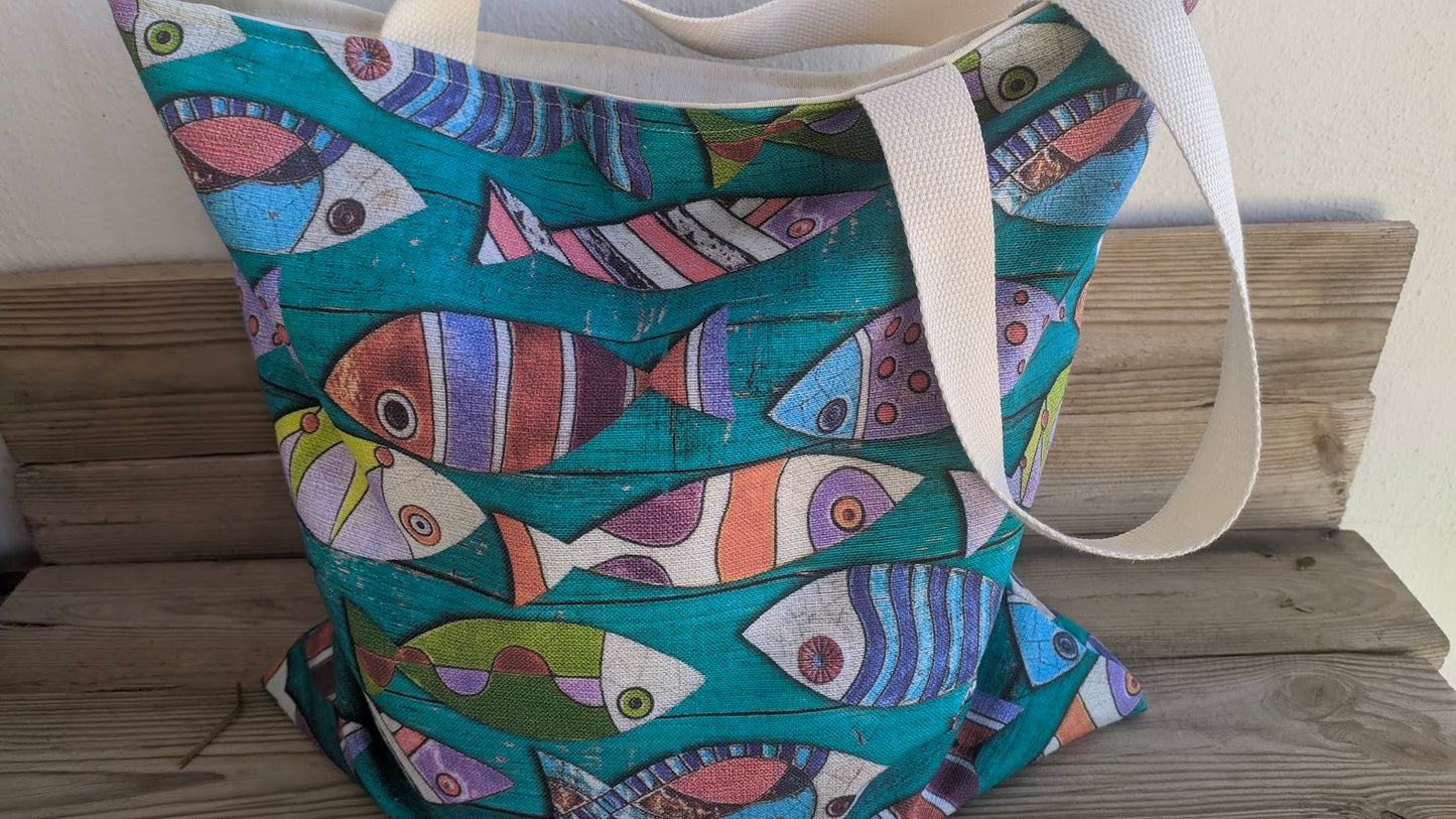 Sac fourre-tout doublé poissons turquoise - Totebag