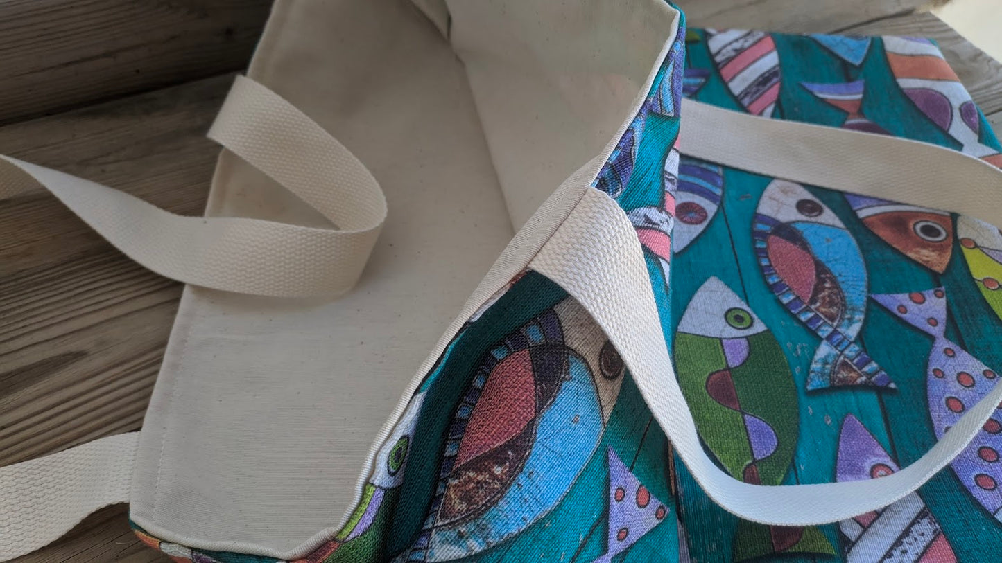 Sac fourre-tout doublé poissons turquoise - Totebag