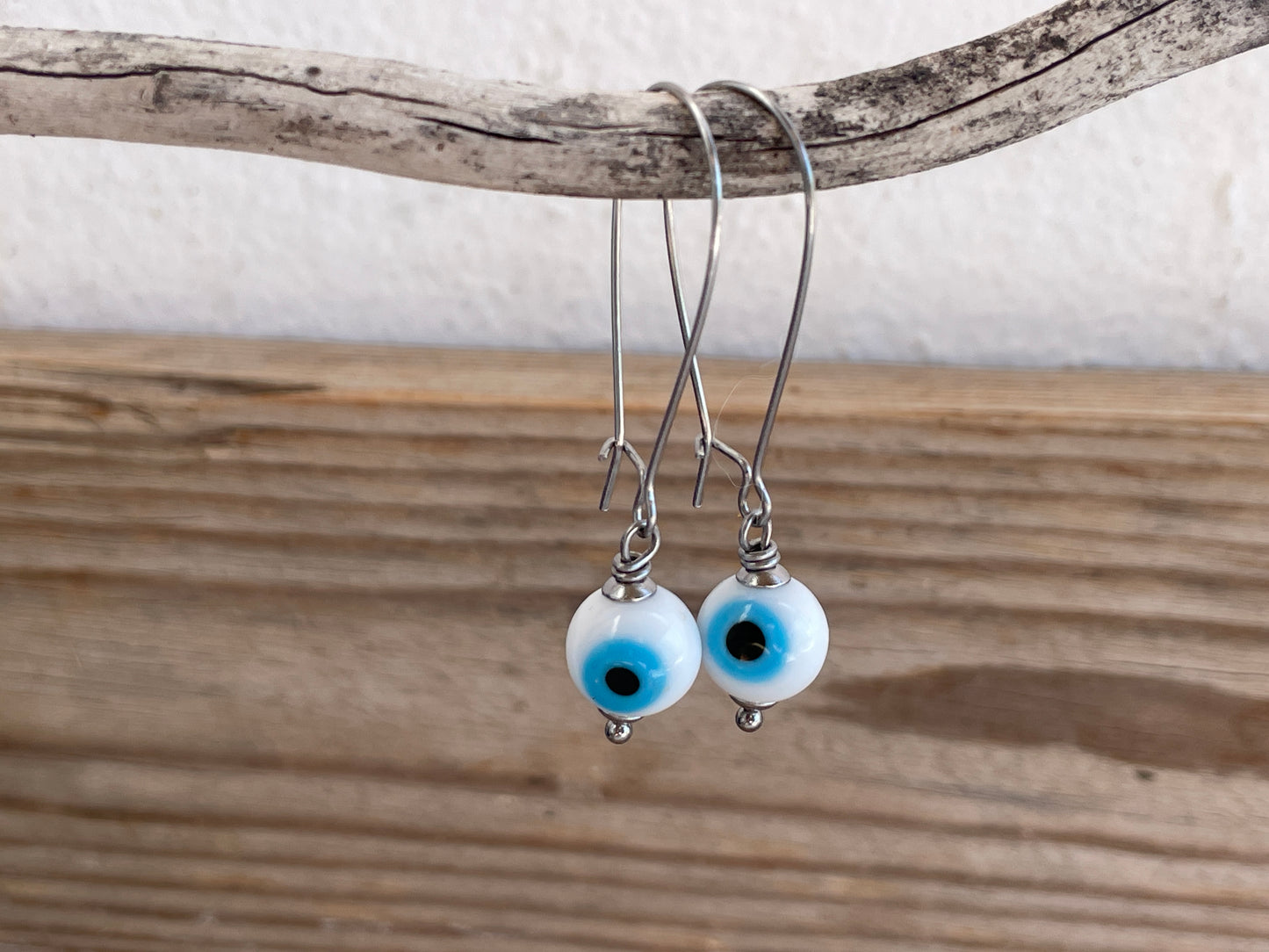 Evil Eye Dangle Earrings - Stainless Steel & Glass Beads - 3 Colors to Choose From