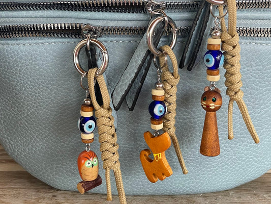 Wooden Evil Eye Animal Bag Charm - Cat, Dog & Owl