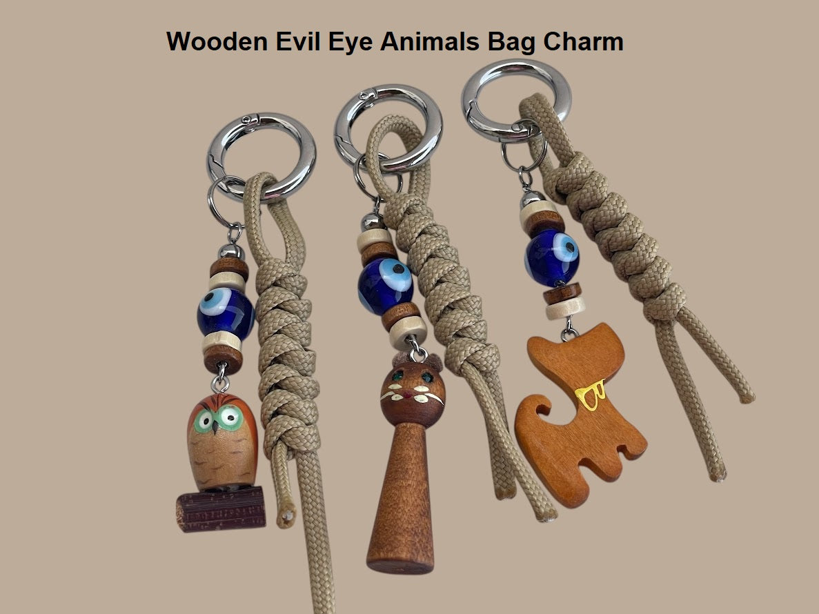 Porte-clés Animal en Bois Oeil Bleu - Chat, Chien & Chouette