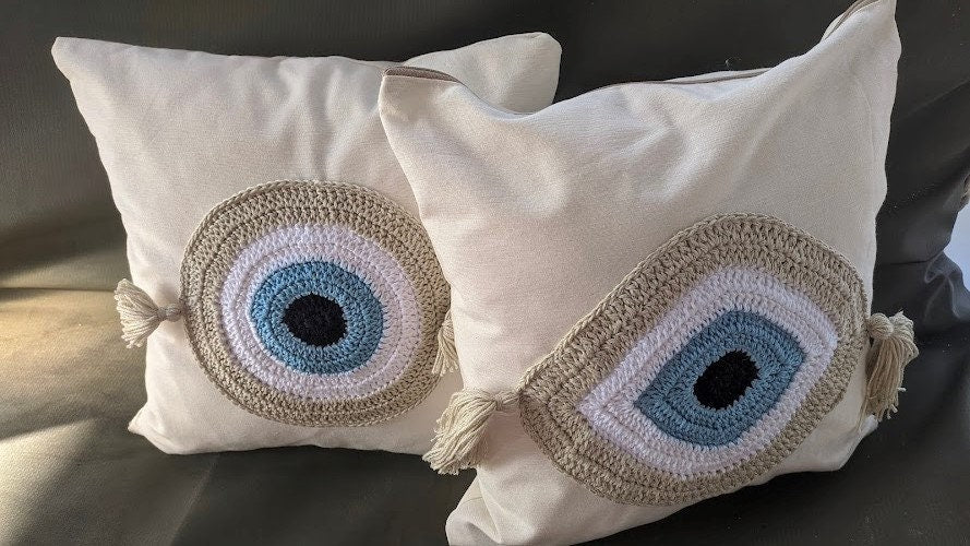 Handmade Evil Eye Cover Cushion - House Ornament - Crochet Pillow