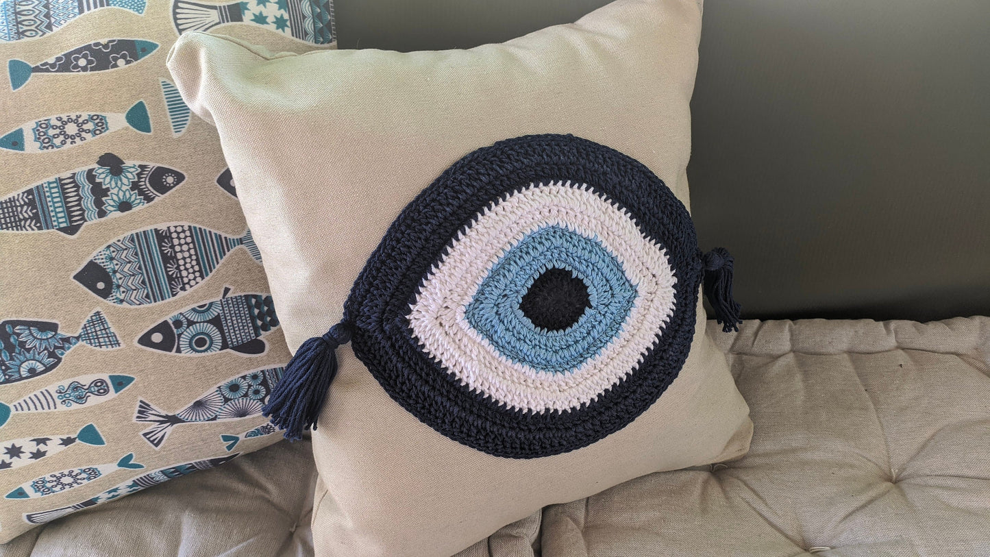 Handmade Evil Eye Cushion Cover in Cotton - Greek gift