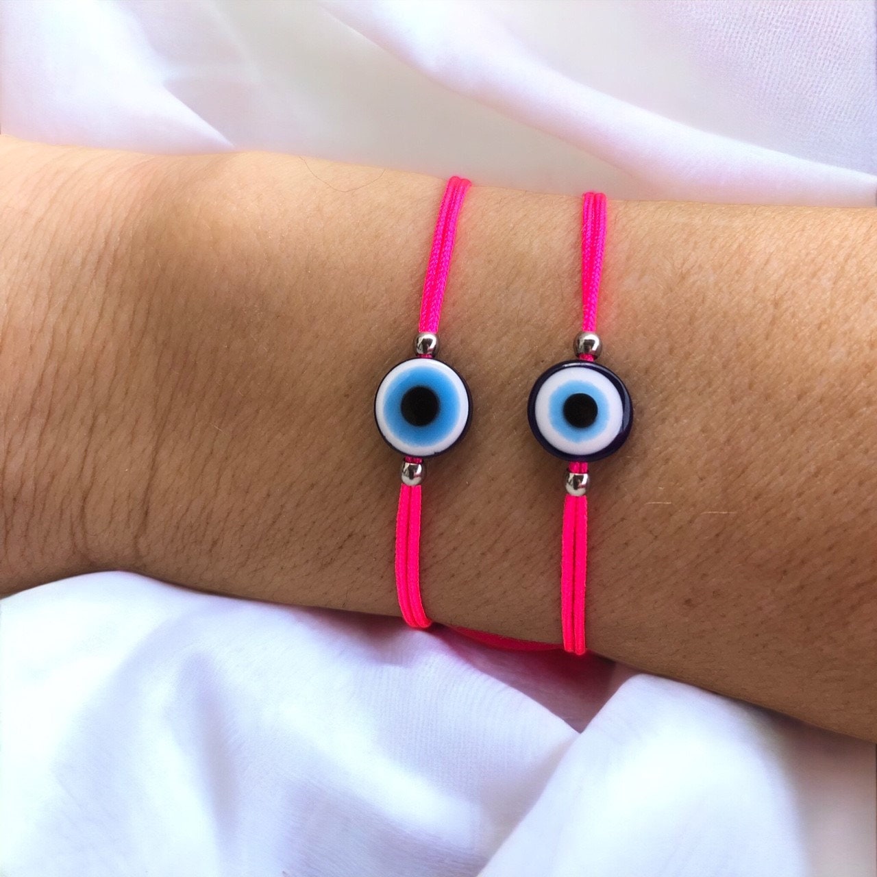 Bracelet Oeil Bleu Cordon Rose Fluo - Bracelet porte bonheur - Cadeau pour elle