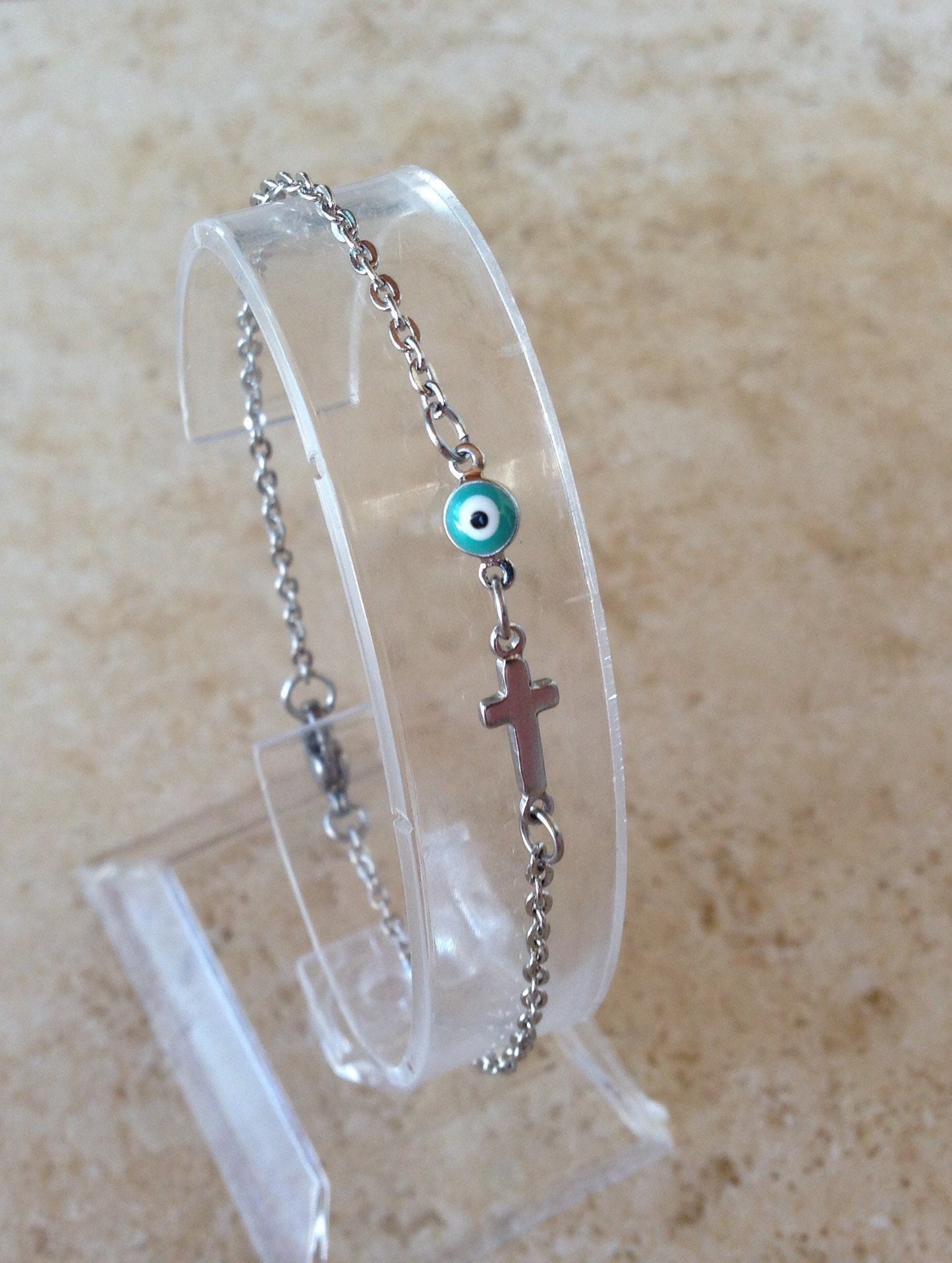 Bracelet Oeil Bleu et Croix en acier inoxydable - Bijoux Grec