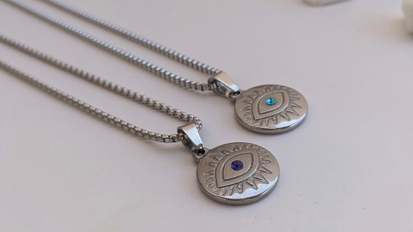 Collier Oeil Bleu Unisexe en Acier Inoxydable