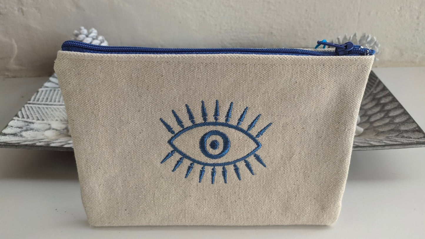 Pochette brodée Oeil Bleu en Toile Canvas
