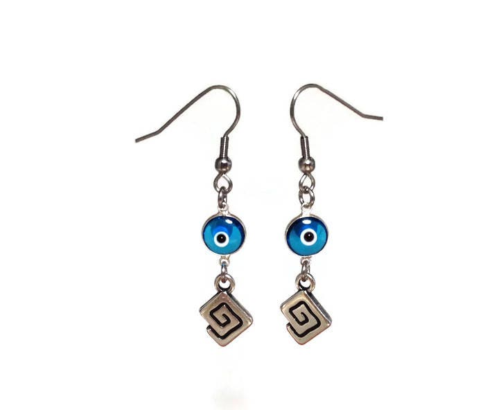 Evil Eye Greek Key Earrings - Blue Dangle Earrings - Greek jewelry