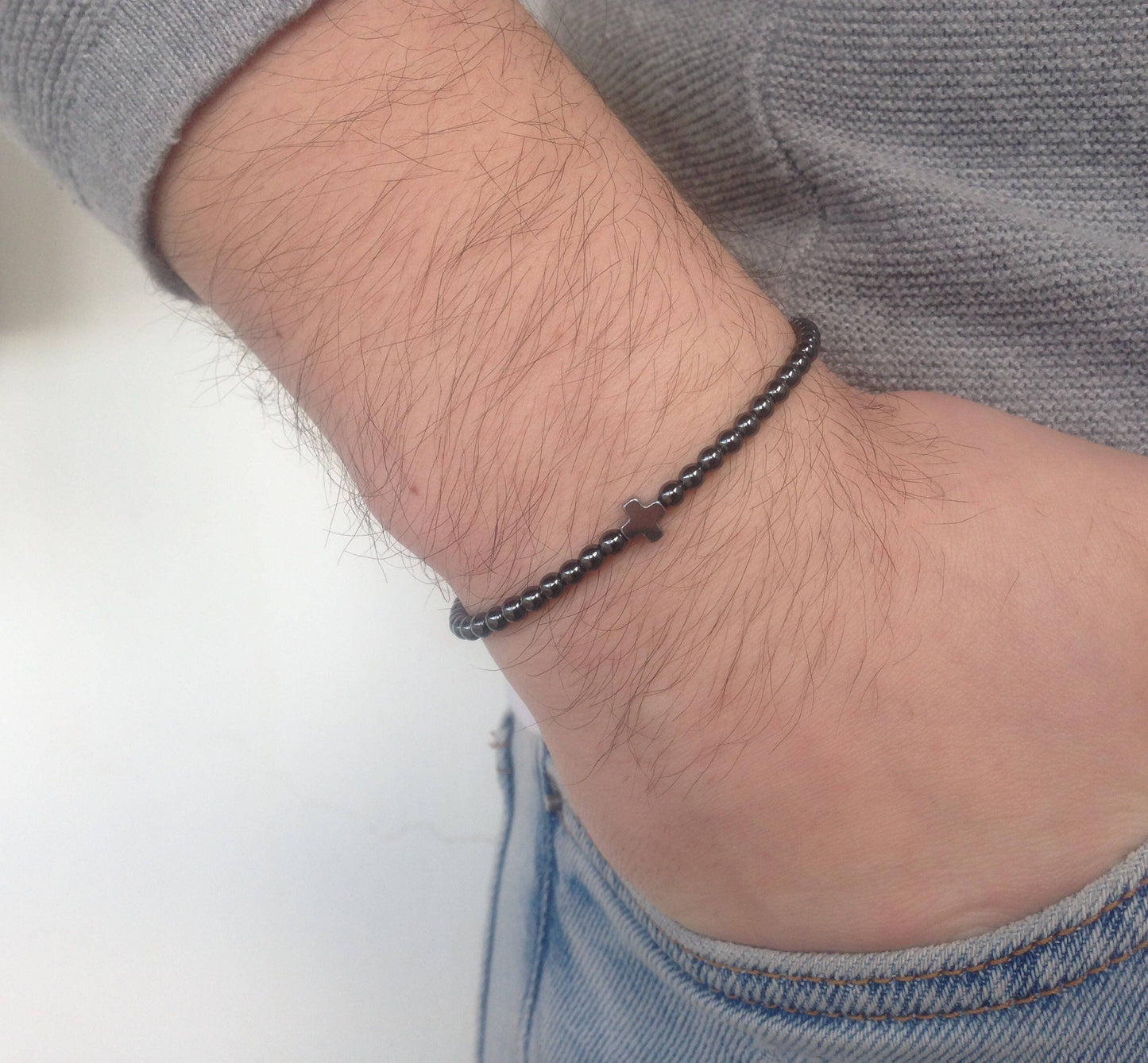 Bracelet acier inoxydable croix Hématite - Cadeau pour Elle ou pour Lui