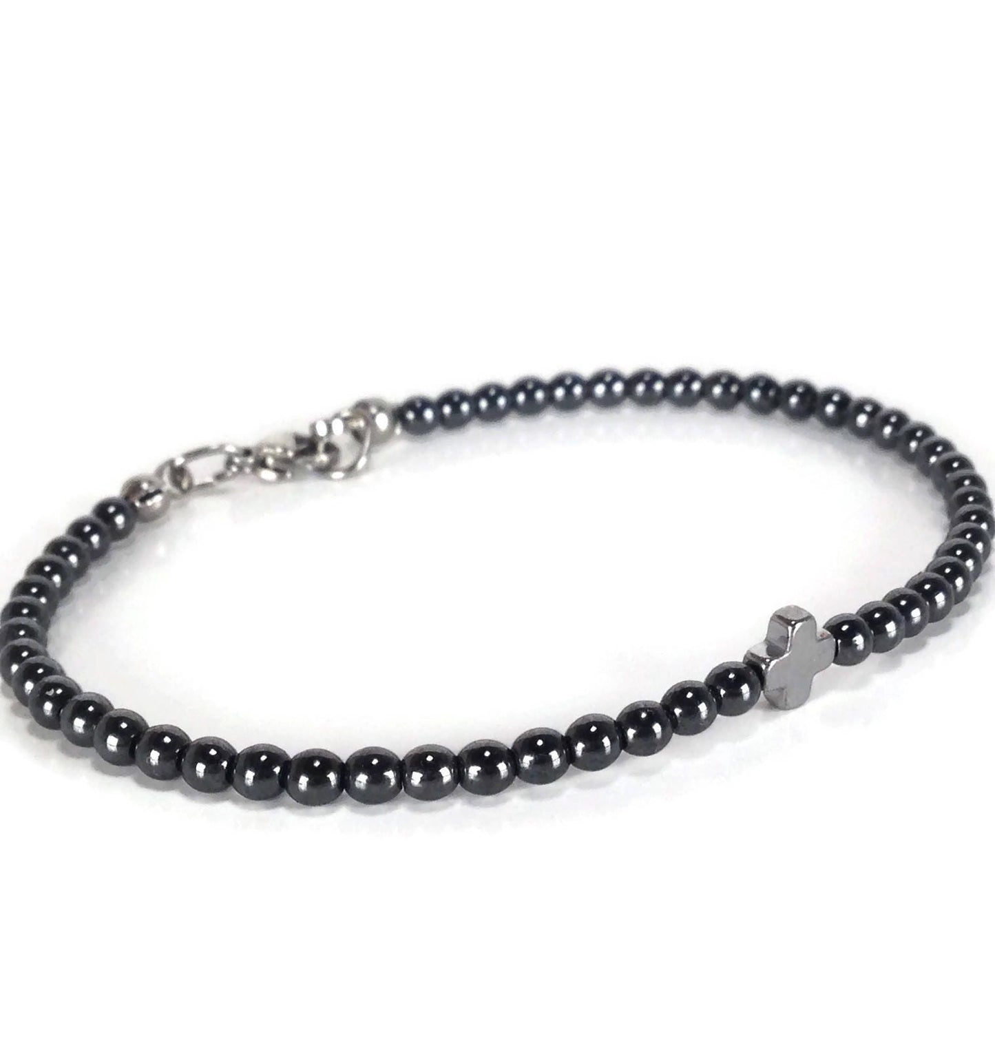 Bracelet acier inoxydable croix Hématite - Cadeau pour Elle ou pour Lui