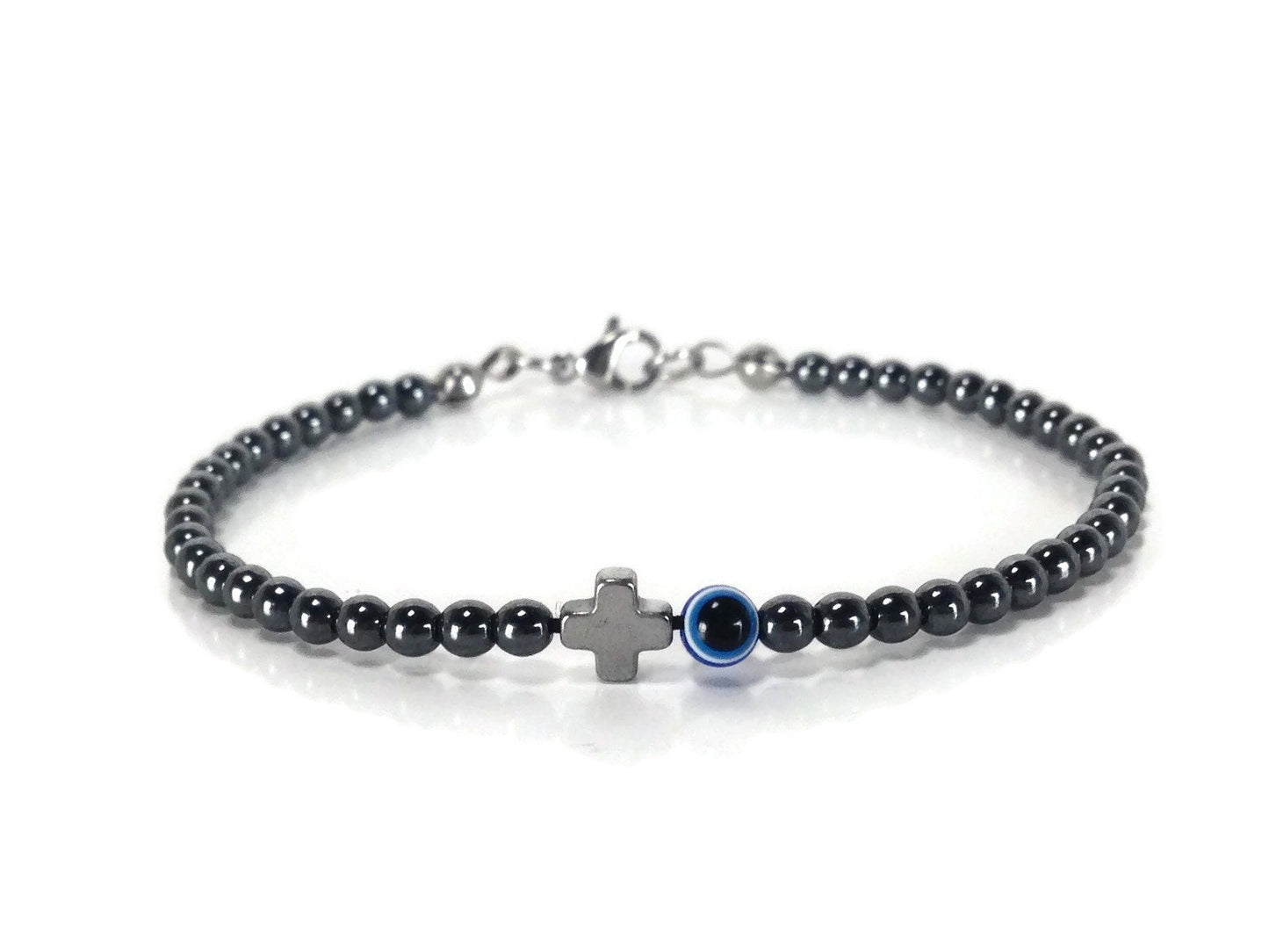 Bracelet Croix Hématite Oeil Bleu - Cadeau grec - Bracelet de protection