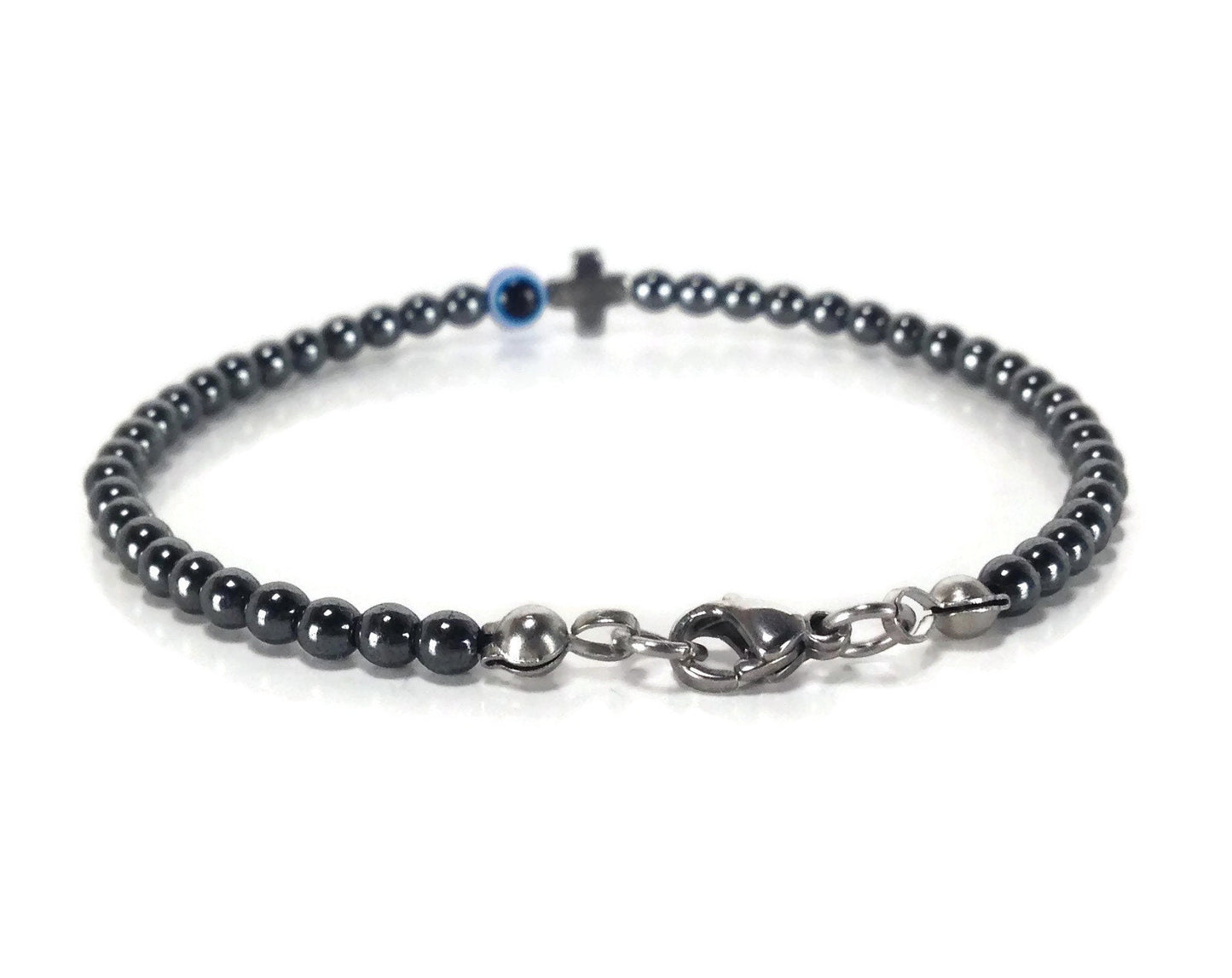 Evil Eye Hematite Cross Bracelet - Greek gift - Protection bracelet