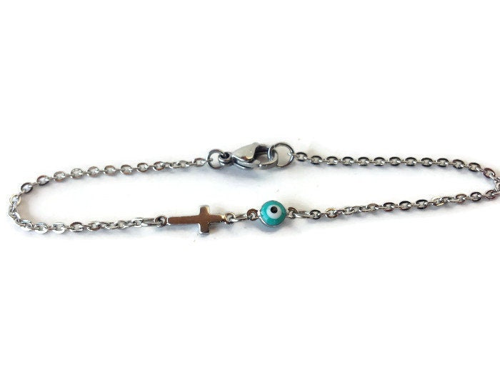 Bracelet Oeil Bleu et Croix en acier inoxydable - Bijoux Grec