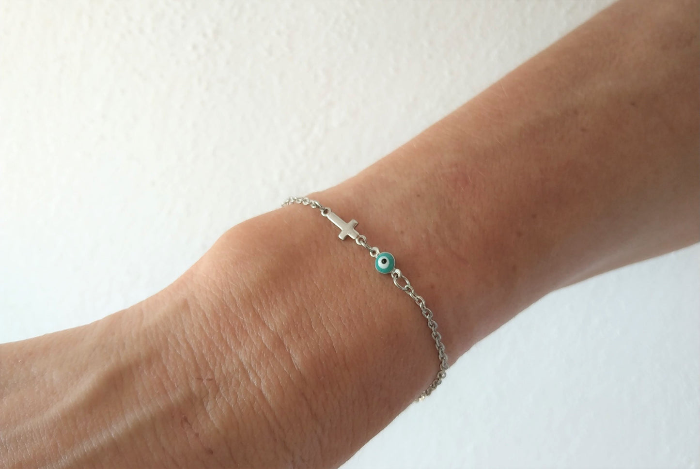 Bracelet Oeil Bleu et Croix en acier inoxydable - Bijoux Grec