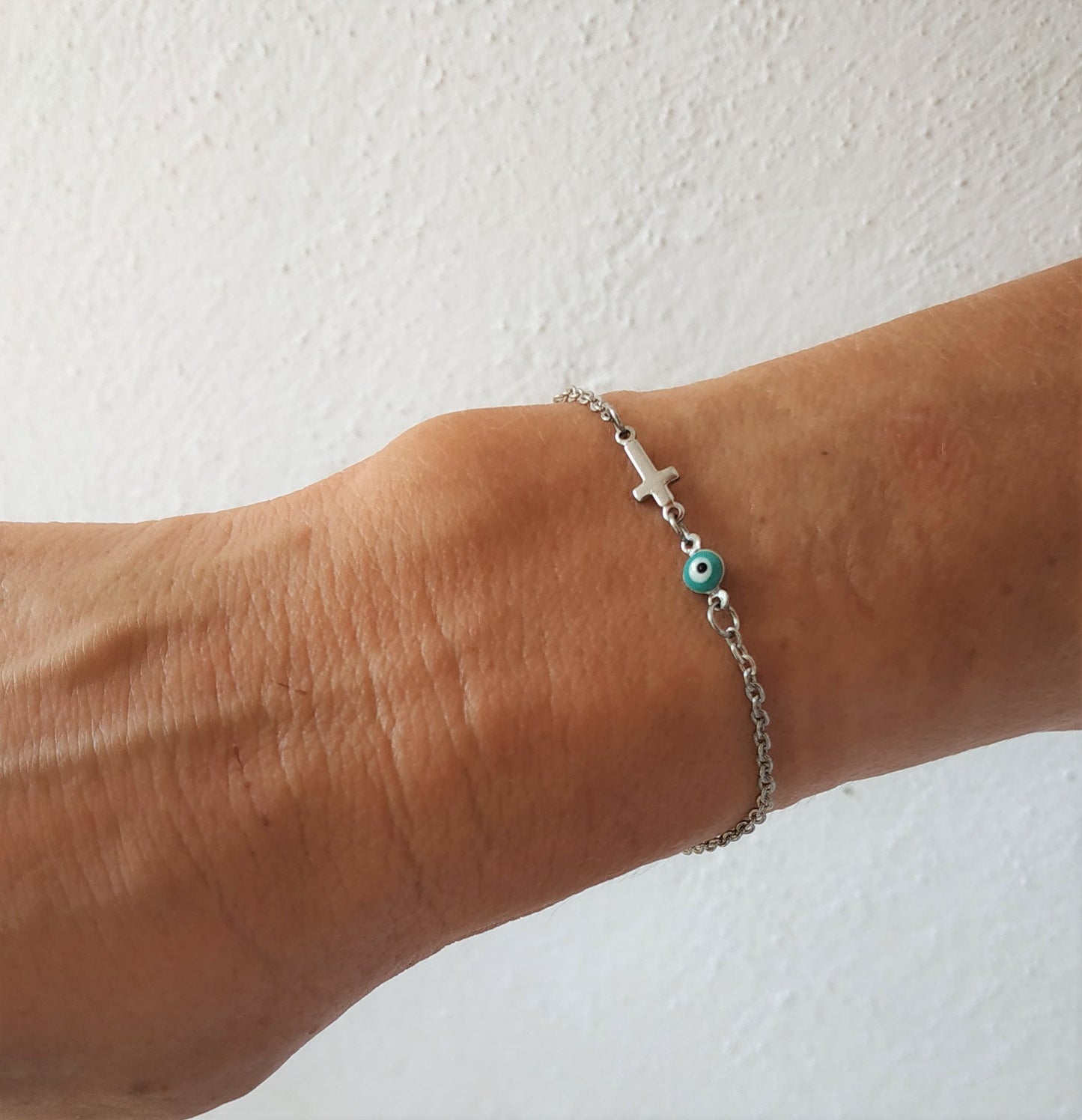 Bracelet Oeil Bleu et Croix en acier inoxydable - Bijoux Grec