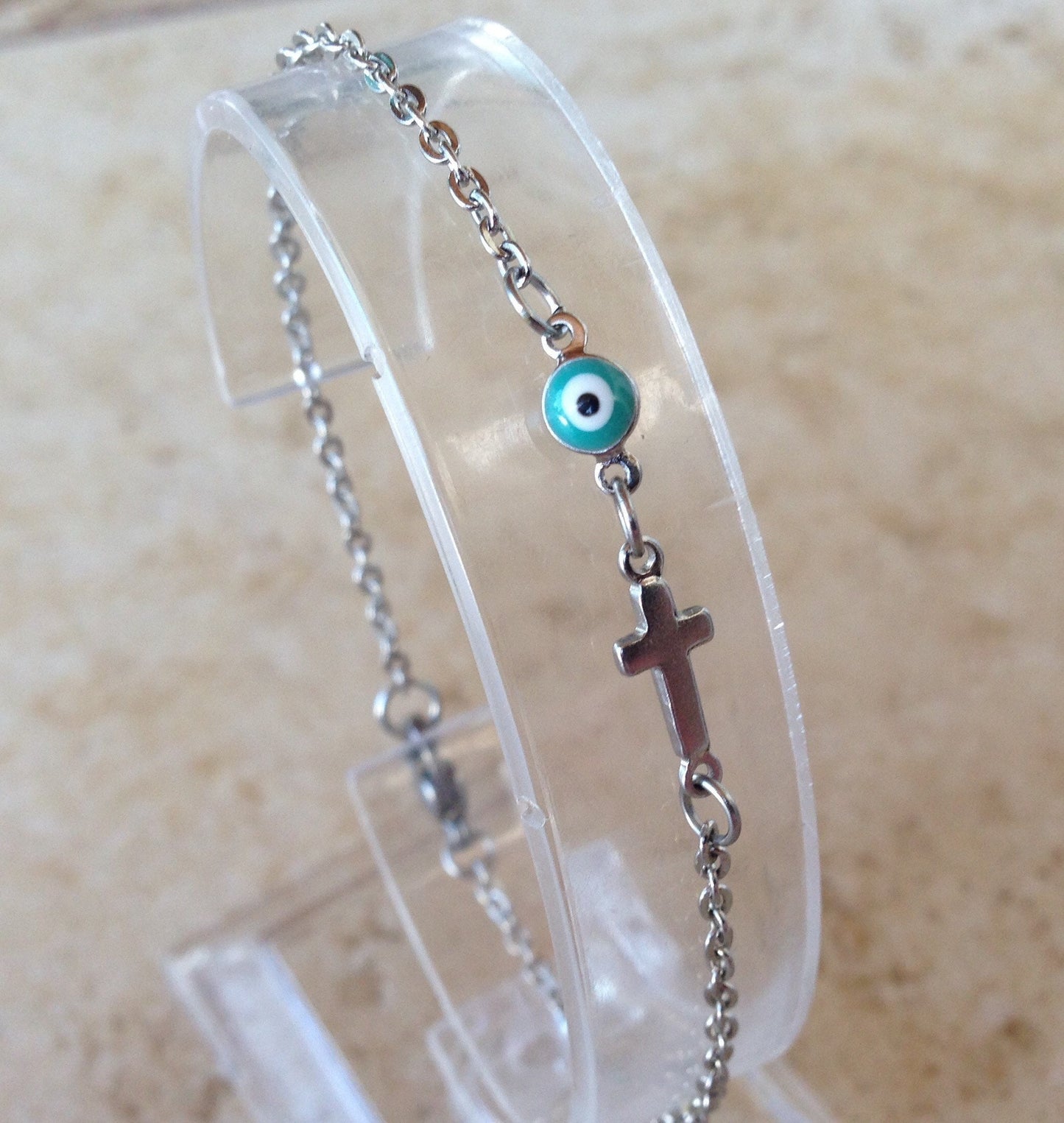 Bracelet Oeil Bleu et Croix en acier inoxydable - Bijoux Grec