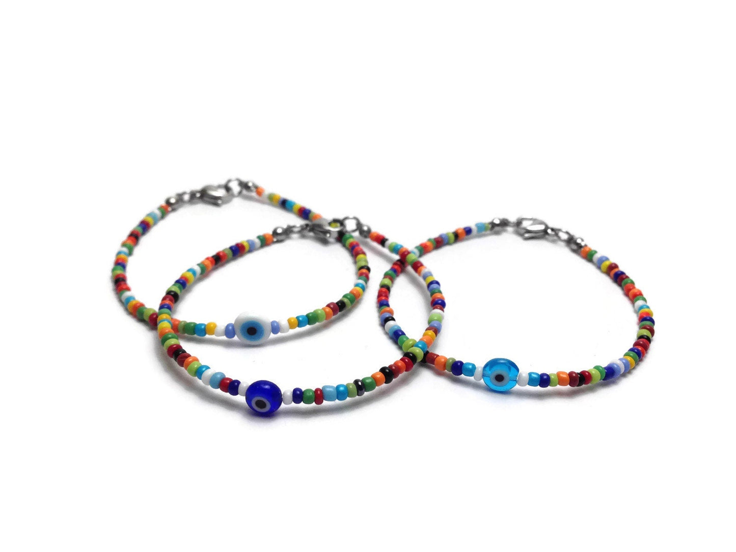 Multicolored Evil Eye Beaded Bracelet - Tiny Bracelet - Gift for Her