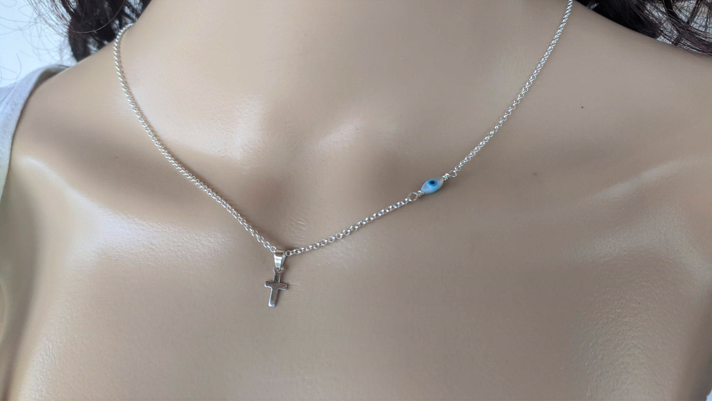 Collier en Argent Croix & Oeil en Nacre