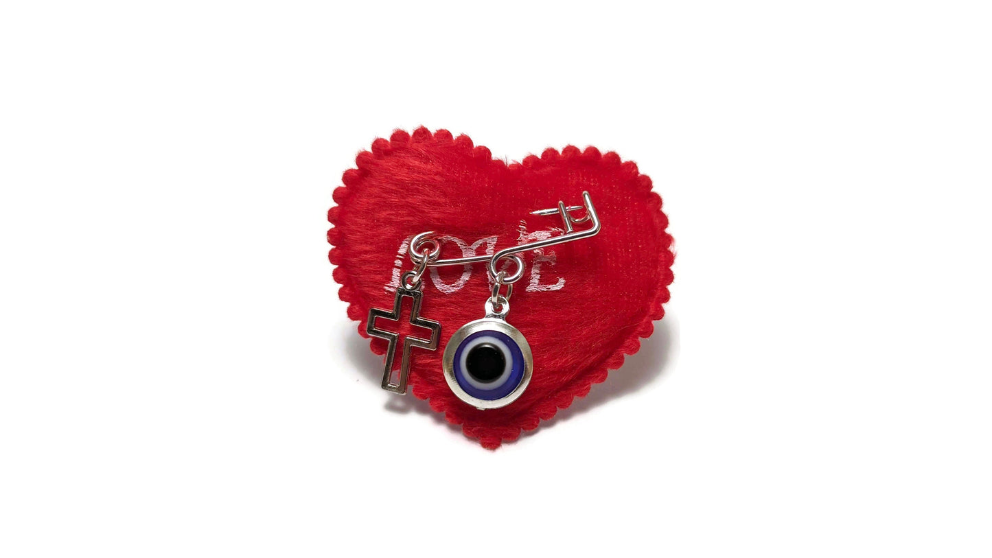 Broche Coeur Rouge Oeil Bleu Grec - Cadeau bébé & nouveau né
