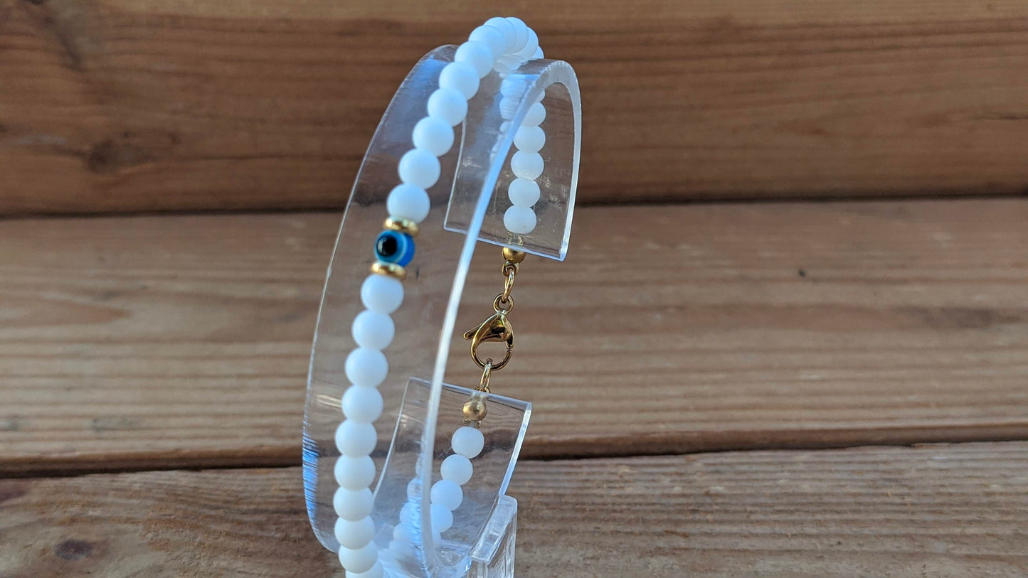 Bracelet Blanc Oeil Bleu Femme - Bijou Porte Bonheur