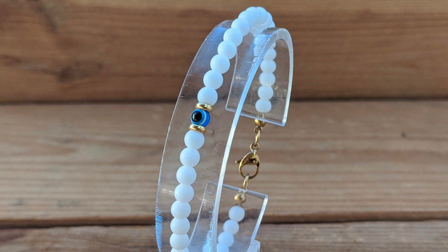 Bracelet Blanc Oeil Bleu Femme - Bijou Porte Bonheur