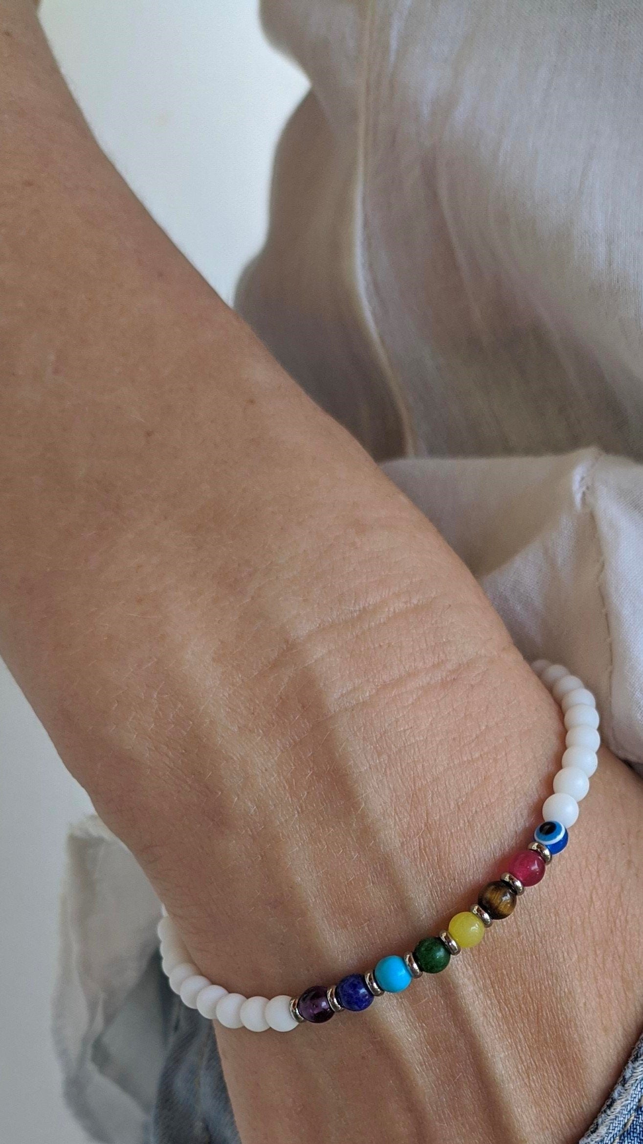 Bracelet Blanc Oeil Bleu Chakra - Bijou Femmes