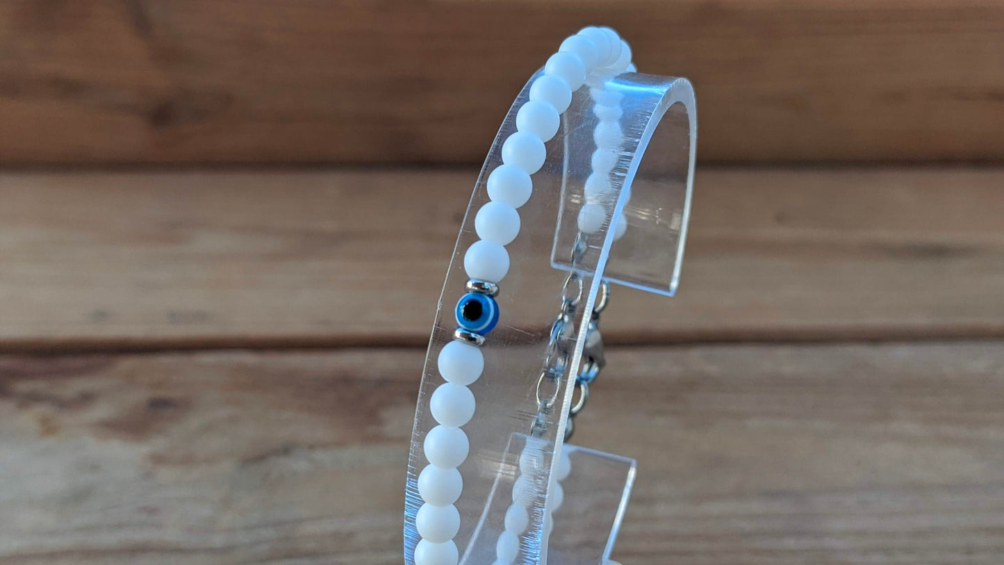 Bracelet Blanc Oeil Bleu Femme - Bijou Porte Bonheur