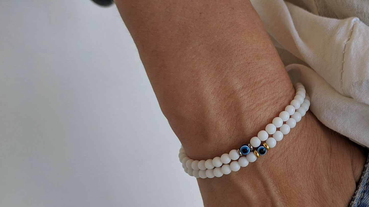 Bracelet Blanc Oeil Bleu Femme - Bijou Porte Bonheur