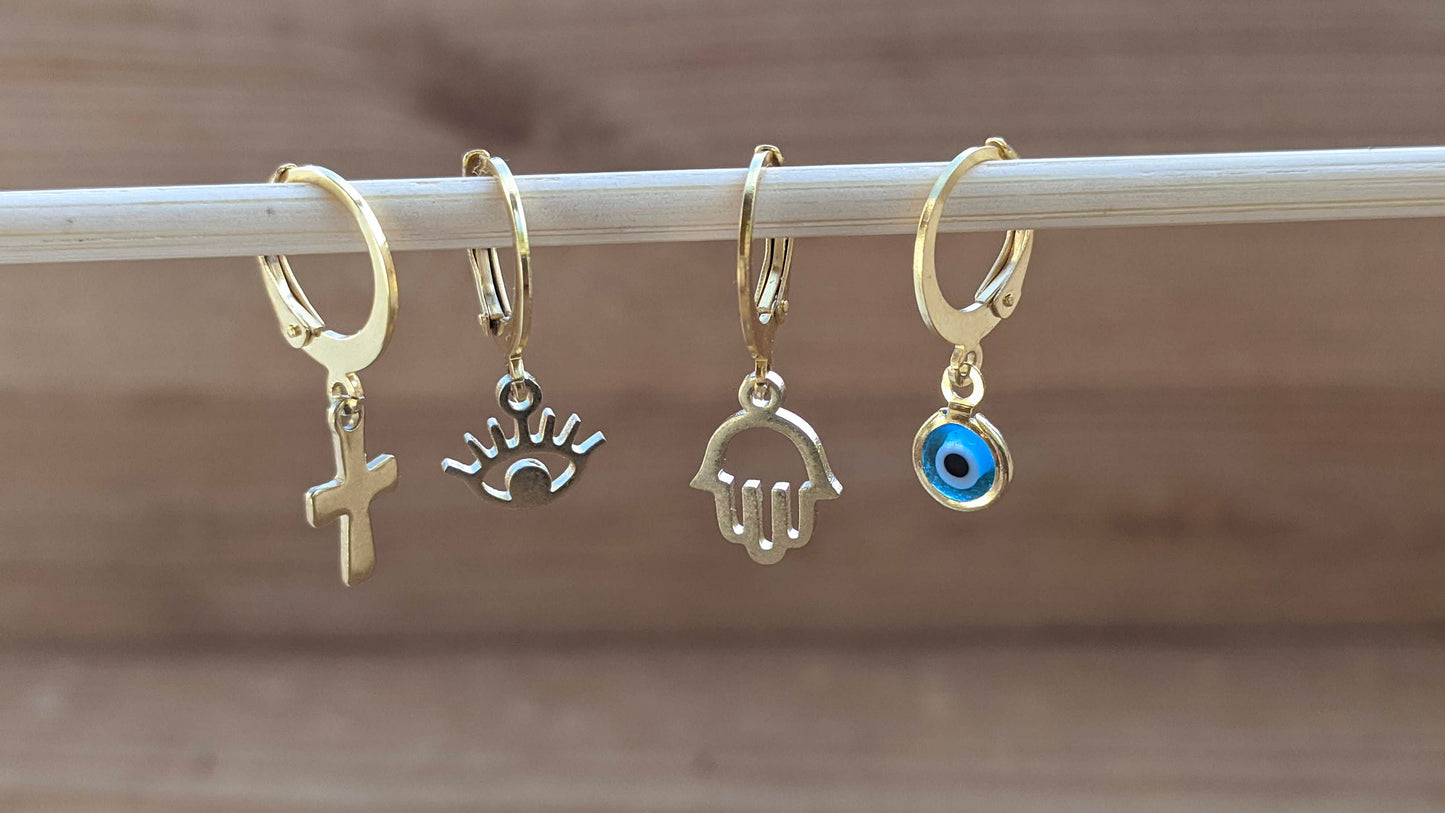 Boucles d'Oreilles Créoles Oeil Bleu - Main de Fatma - Croix