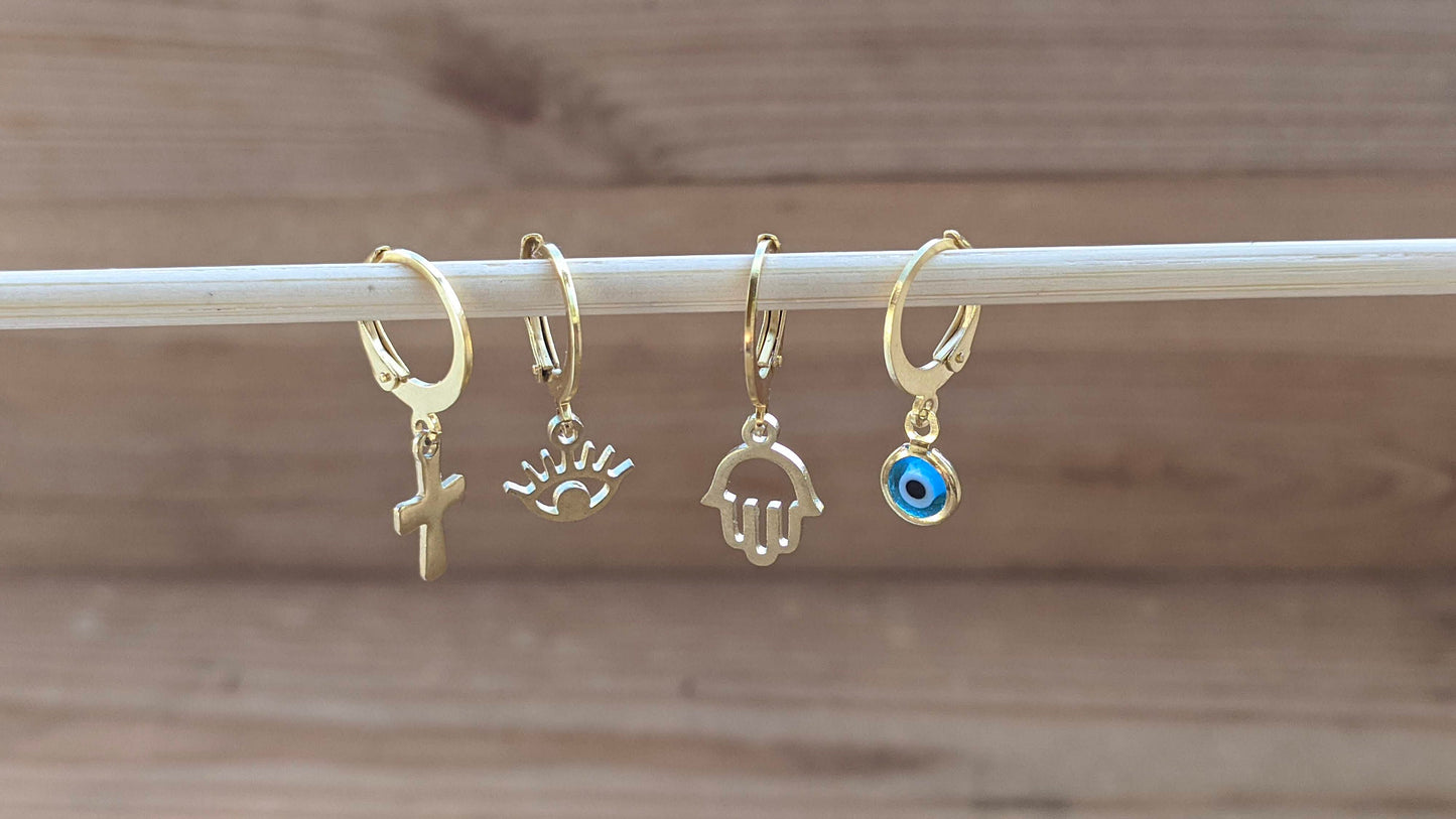 Boucles d'Oreilles Créoles Oeil Bleu - Main de Fatma - Croix