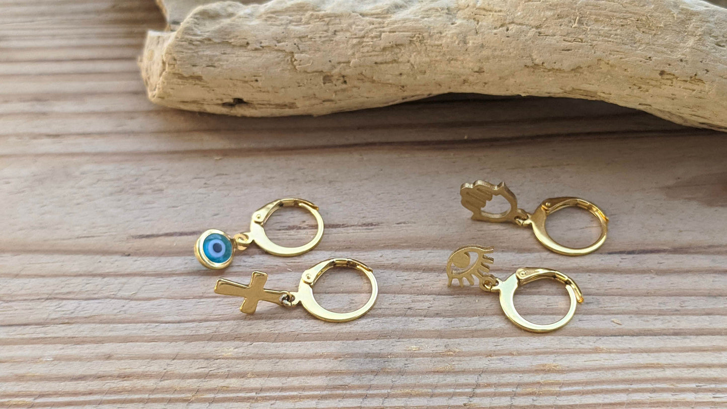 Boucles d'Oreilles Créoles Oeil Bleu - Main de Fatma - Croix