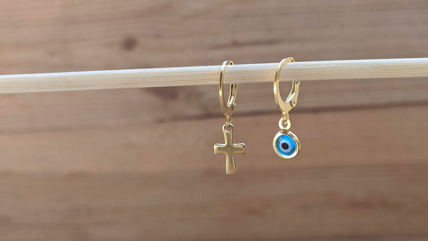 Boucles d'Oreilles Créoles Oeil Bleu - Main de Fatma - Croix