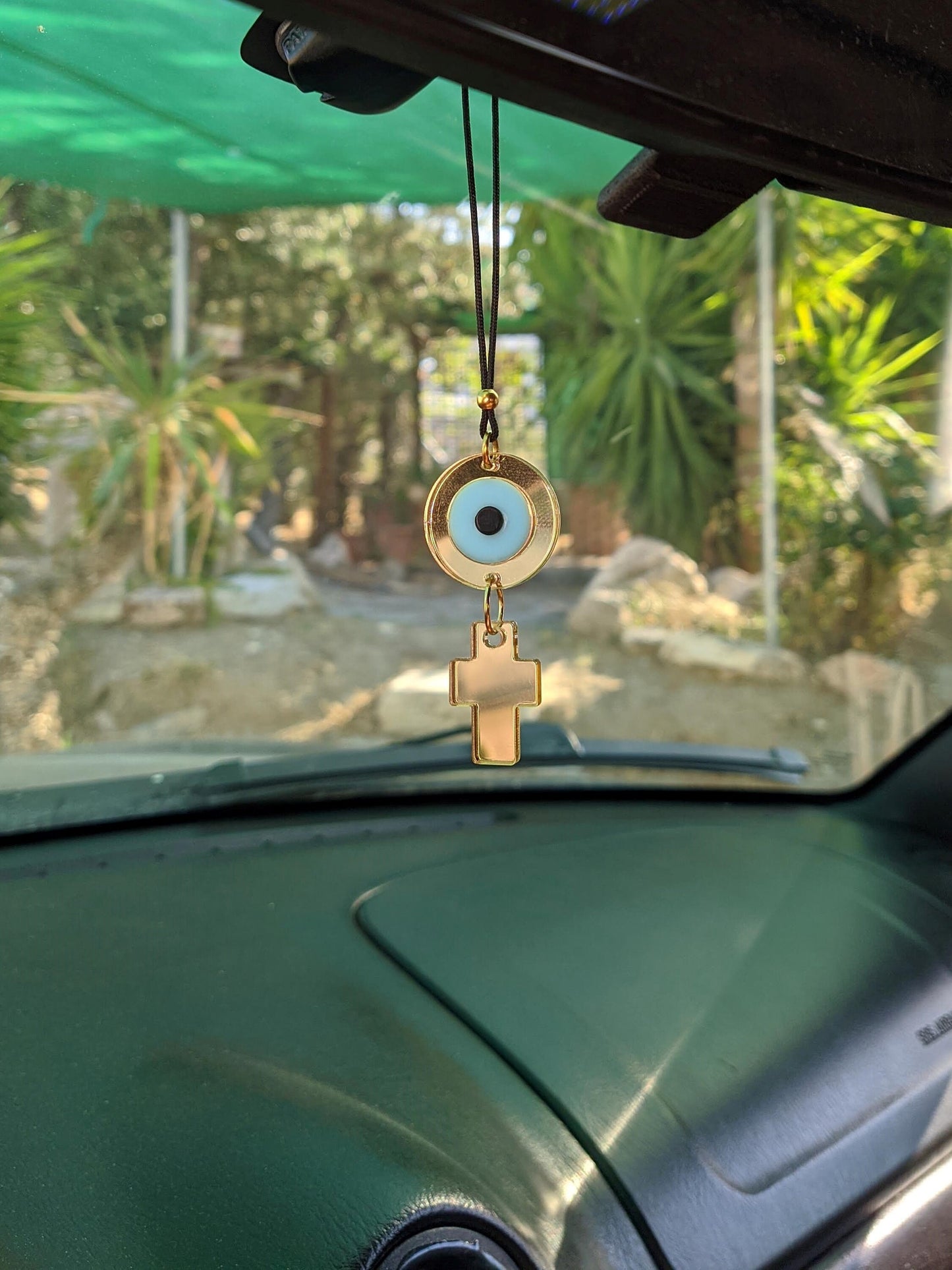 Golden Evil Eye Cross Car Charm - Vehicle mirror charm - Car protection