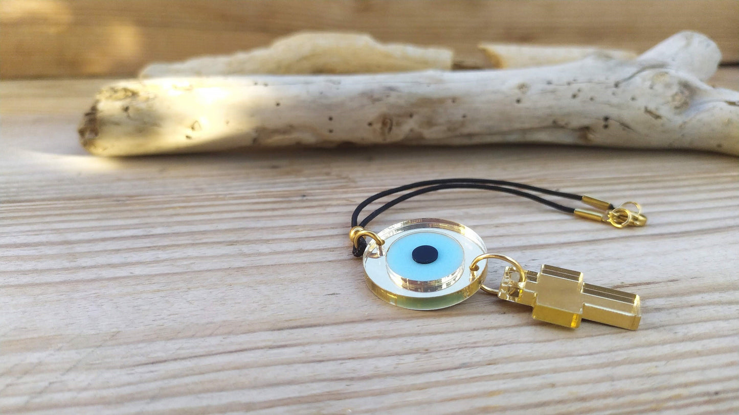 Golden Evil Eye Cross Car Charm - Vehicle mirror charm - Car protection