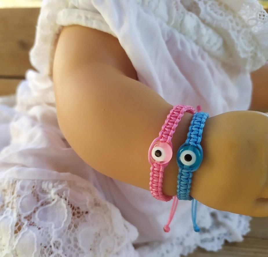 Evil Eye Macrame Baby Bracelet - New Born Gift - Pink, Blue & Fluo pink