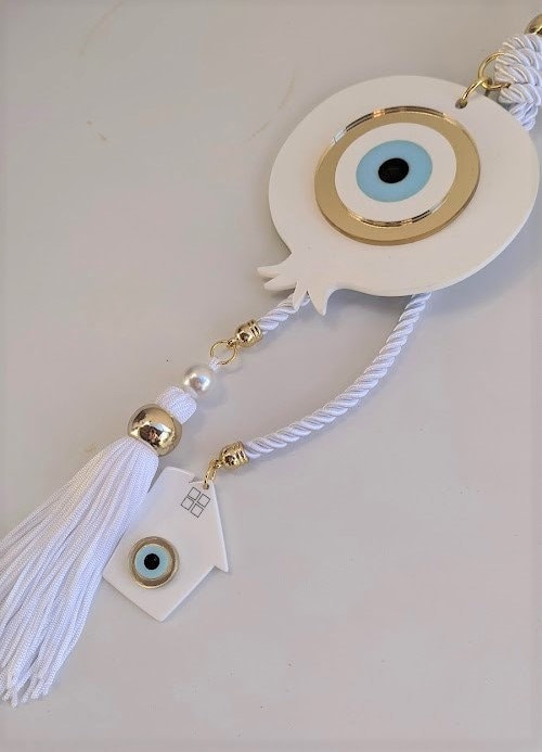 Handmade Evil Eye White Pomegranate Wall Hanging | Large Gold Tone Home Decor