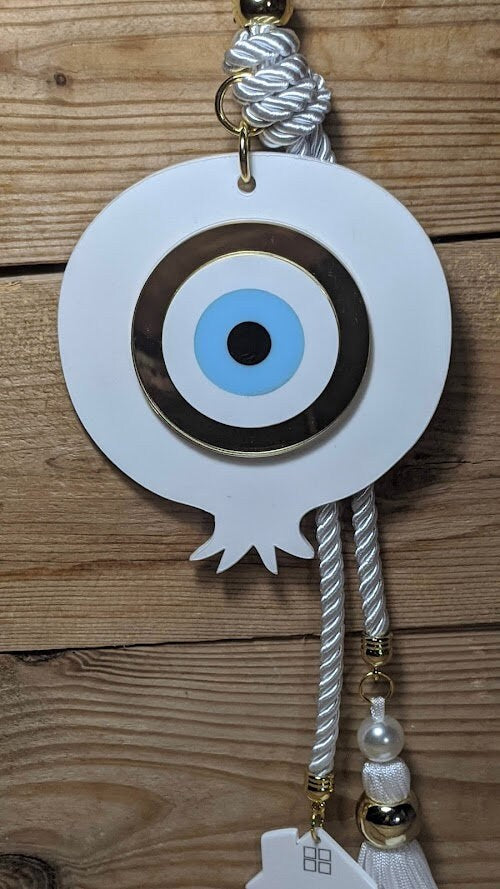Handmade Evil Eye White Pomegranate Wall Hanging | Large Gold Tone Home Decor