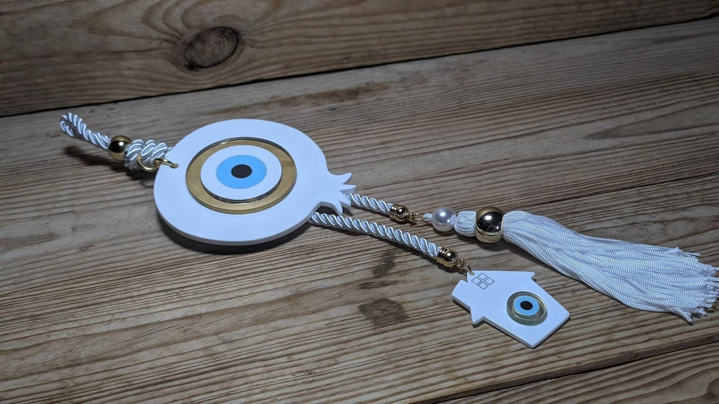 Handmade Evil Eye White Pomegranate Wall Hanging | Large Gold Tone Home Decor