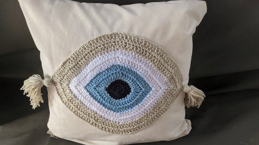 Handmade Evil Eye Cover Cushion - House Ornament - Crochet Pillow
