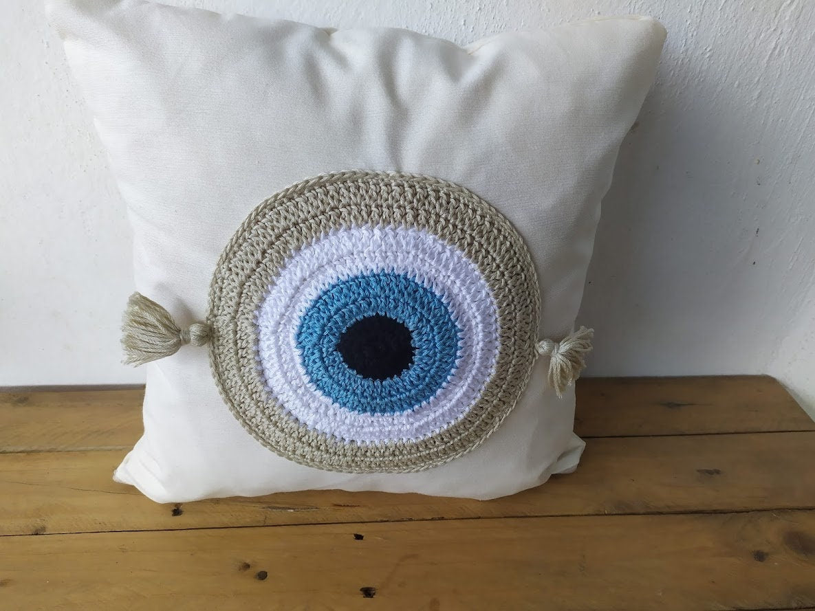 Handmade Evil Eye Cover Cushion - House Ornament - Crochet Pillow