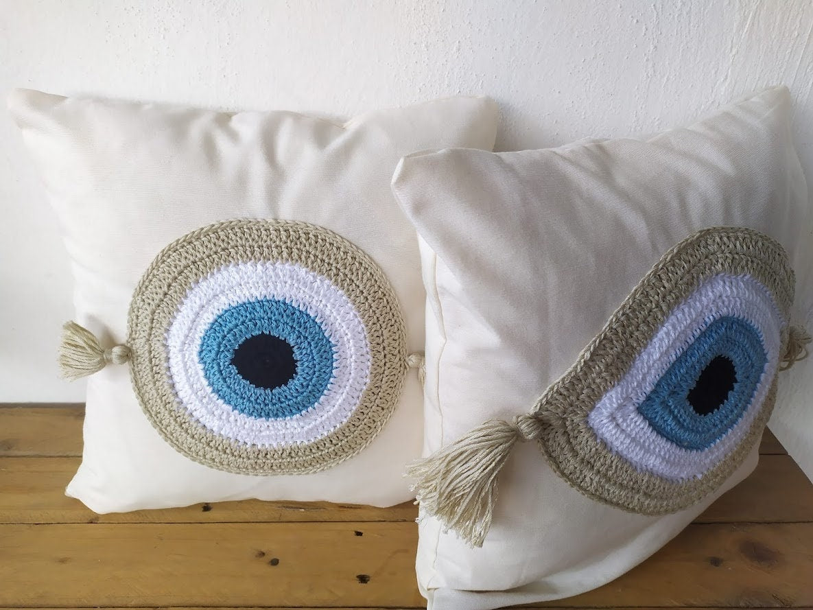 Handmade Evil Eye Cover Cushion - House Ornament - Crochet Pillow