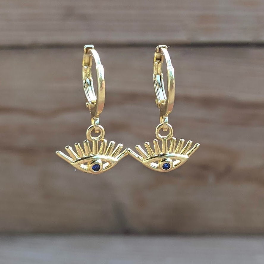 Boucles d’Oreilles Oeil Bleu en Laiton - En doré ou argenté