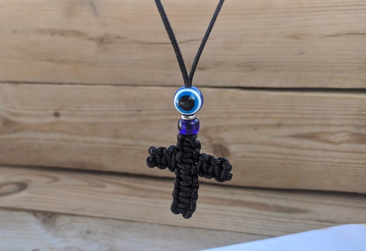 Macrame Evil Eye Cross Car Mirror Charm | Car Protection | Handcrafted