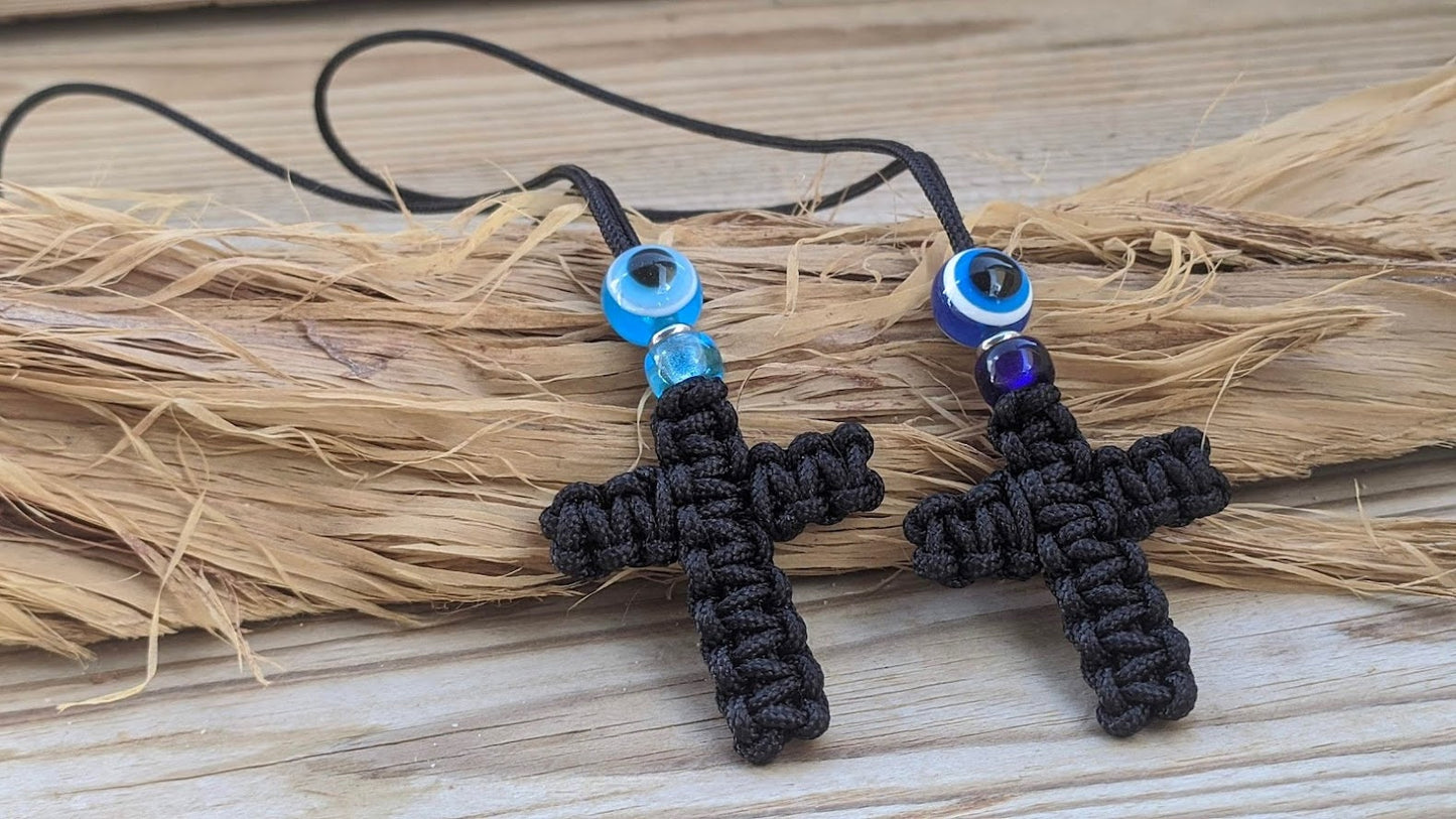 Macrame Evil Eye Cross Car Mirror Charm | Car Protection | Handcrafted